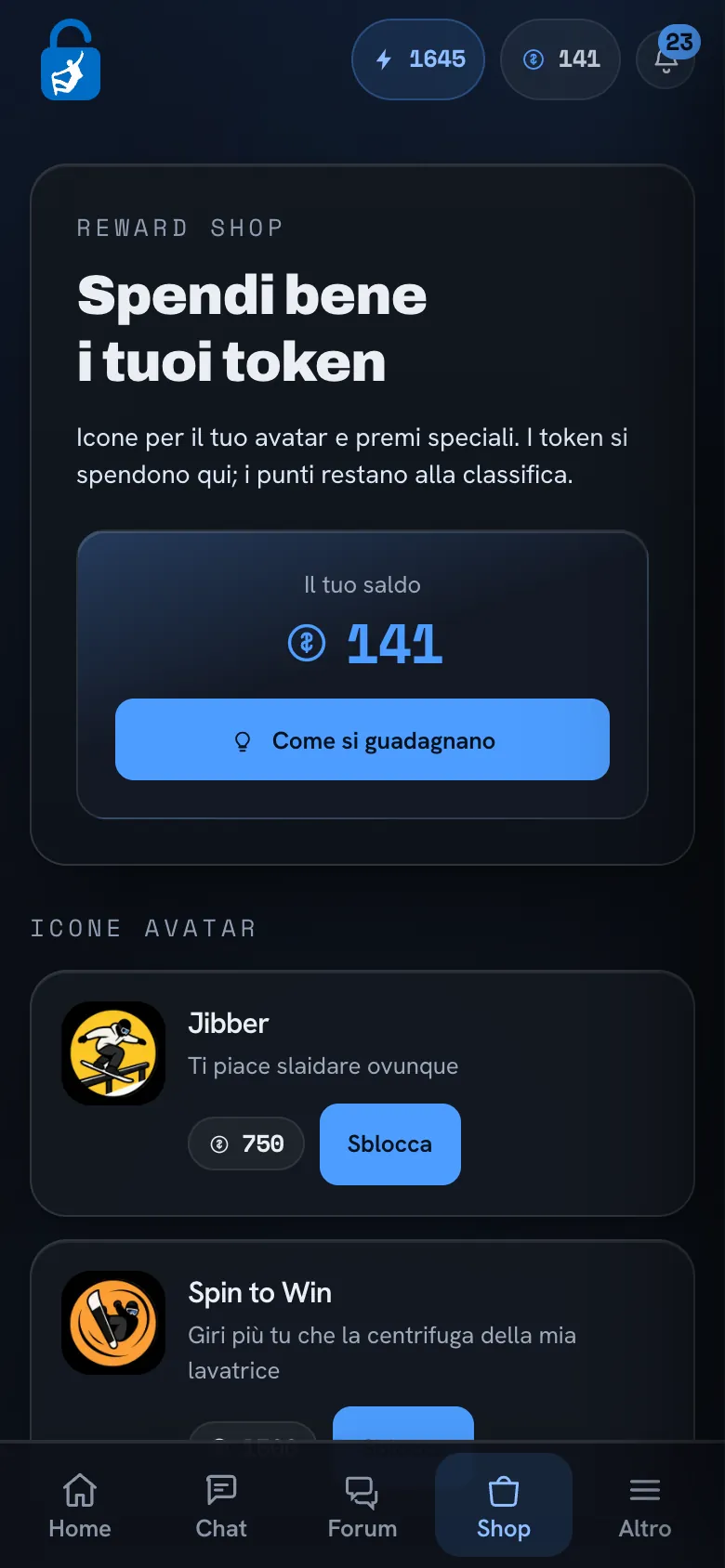 Il Reward Shop dell'app